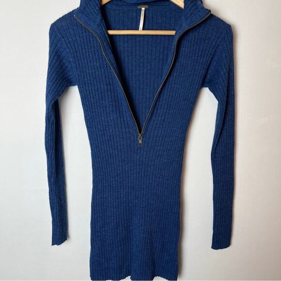 Free People Ribbed Hooded Long Sleeve Half Zip Blue Wool Blend Sweater XS - Picture 1 of 16